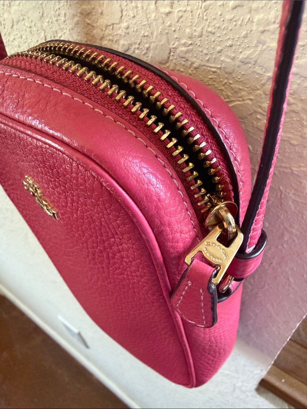 Coach Pebbled Leather Phone Crossbody - Pink with Gold Logo - Picture 6 of 14